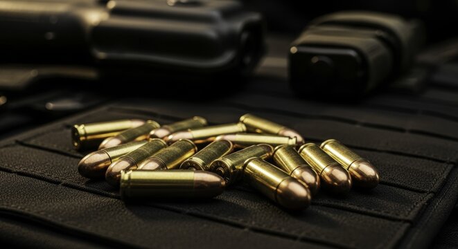 Shiny brass 9mm pistol ammunition bullets on dark tactical gear