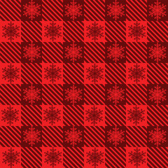 Seamless Red Plaid Pattern With Christmas Snowflakes Overlay. fabric pattern