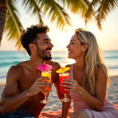 A mixed-race couple (Latino man and Caucasian woman) laughing on a beach at sunset with tropical cocktails. Palm trees and ocean in the background.