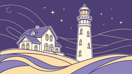 Illustration of a lighthouse and house on a hill under a starry night sky with moon and wavy lines design