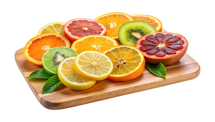 A vibrant display of assorted citrus fruit slices on a wooden board on Transparent PNG