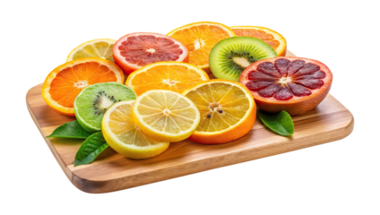 A vibrant display of assorted citrus fruit slices on a wooden board on Transparent PNG