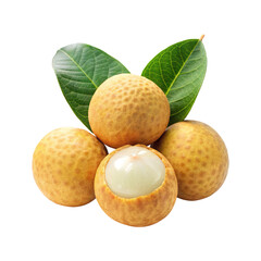 Closeup shot of fresh, ripe Longan fruits with green leaves on Transparent PNG