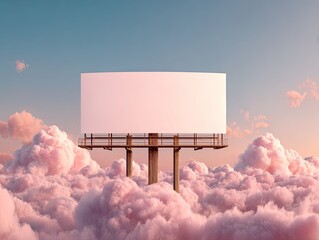 Empty White Billboard Displaying Blank Space Surrounded By Dreamy Clouds