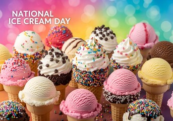 A Colorful Array of Ice Cream Cones Celebrating National Ice Cream Day on Rainbow Bokeh Background