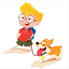  Happy Cartoon Boy Walking with Cute Corgi Dog