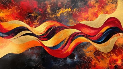 A dynamic abstract scene with flowing ribbons of deep red, orange, and yellow intertwined with glowing gold accents, creating a fiery and passionate visual impact