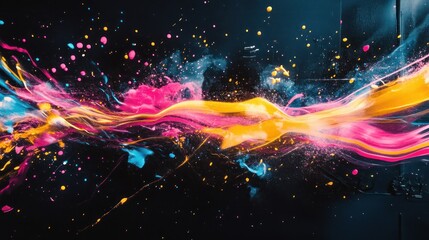 A dynamic abstract scene with glowing neon lines in bold pink, yellow, and blue streaks cutting through the darkness, creating an energetic and fast-paced vibe