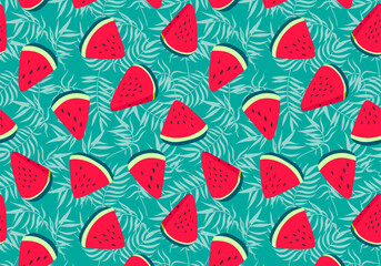 Vector watermelon hand drawn pattern background. Summer fresh fruits and palm leaves print. Watermelon red slices, coconut palm leaf repeat texture on green for wallpaper, tropical decor, cover design