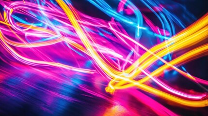 A dynamic abstract scene with glowing neon lines in bold pink, yellow, and blue streaks cutting through the darkness, creating an energetic and fast-paced vibe