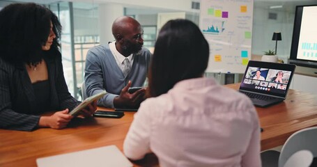 Business, people and laptop for video call in office with financial update, data analysis and tips. Staff, team and pc for virtual meeting, corporate webinar and listen to feedback of investment chat - Powered by Adobe