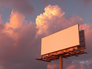 Empty White Blank Billboard Against A Dramatic Sunset Sky With Clouds