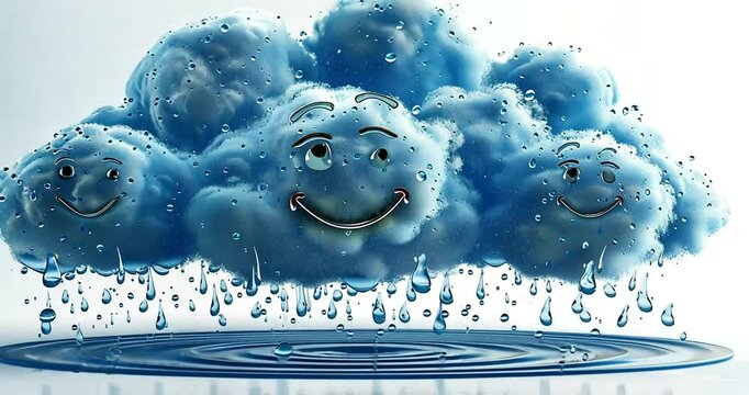Playful smiling clouds with raindrops and reflections