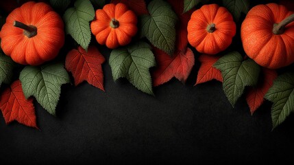 Moody autumn harvest elements: Scaled pumpkins with crimson-maple foliage against noir backdrop, crafting seasonal abundance for Halloween decor or Thanksgiving tablescapes.

