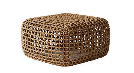 A beautifully woven square pouf made of natural fibers, placed in a minimalist living room setting with soft lighting