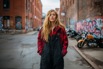 Fototapeta premium A woman in a red plaid jacket and black overalls stands on a city street