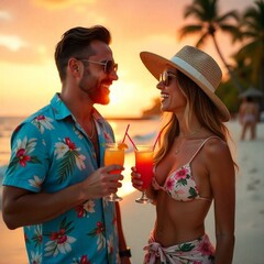 A mixed-race couple (Latino man and Caucasian woman) laughing on a beach at sunset with tropical cocktails. Palm trees and ocean in the background.