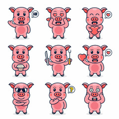 nine sets of pink cartoon pigs in various styles, cute and fun