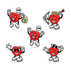 five sets of red love cartoons in various styles, cute and fun