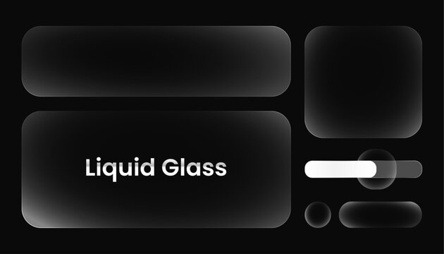 Set of liquid glass panels and elements. Transparent UI frames and buttons for modern web and app interfaces