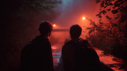 Two Teenagers with Backpacks Walking Through Foggy Alleyway Under Red Streetlight in Mysterious Night Scene