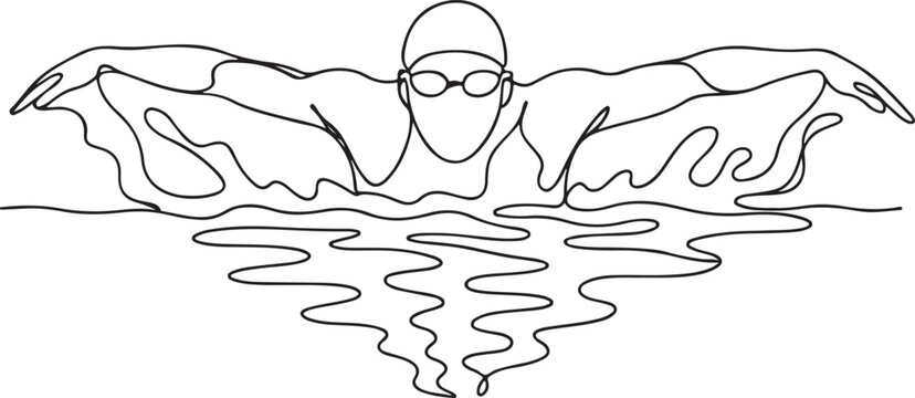 Butterfly Stroke Swimmer Line Art Silhouette Frontal Sports Vector on White