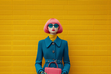 A young, beautiful woman with pink hair stands elegantly in an autumn coat, radiating grace as she welcomes the peaceful charm of rainy days.