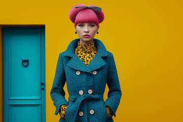 A young, beautiful woman with pink hair stands elegantly in an autumn coat, radiating grace as she welcomes the peaceful charm of rainy days.