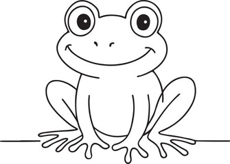 Smiling Frog Cartoon Line Drawing Cute Green Amphibian on White Background