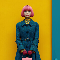 A young, beautiful woman with pink hair stands elegantly in an autumn coat, radiating grace as she welcomes the peaceful charm of rainy days.