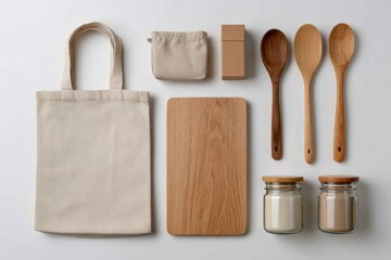 Overhead shot of tote bag wooden spoons and jars on a white background