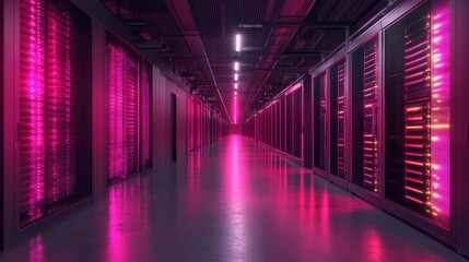 Fototapeta premium Illuminated server corridor in a data center showcasing advanced technology at night