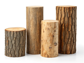 Four wooden logs isolated on white background stand upright