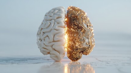 A digital illustration of a brain split into two halves: one organic and the other composed of glowing electronic circuits, symbolizing the fusion of biology and technology.