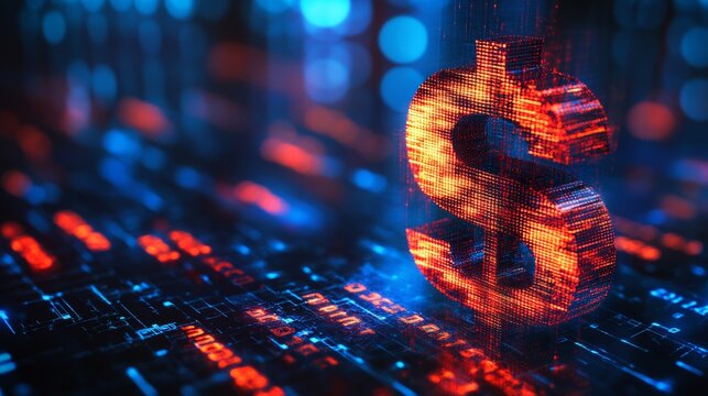 Digital representation of dollar sign surrounded by glowing data in a futuristic setting