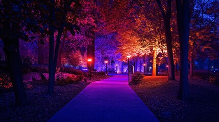 Obraz premium Enchanted evening stroll through a colorful illuminated park with vibrant trees and glowing pathways