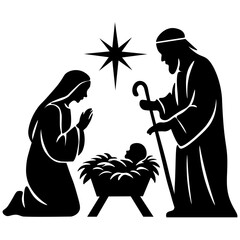 Black silhouette Mary, Joseph and baby Jesus with star, vector illustration.