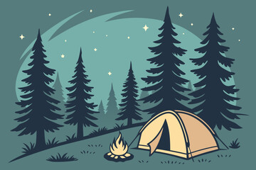 Campfire in Night Forest – Vector