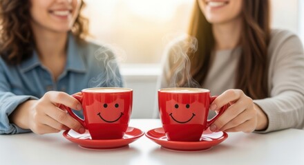 Two friends share coffee cups with smiley faces enjoying a morning conversation