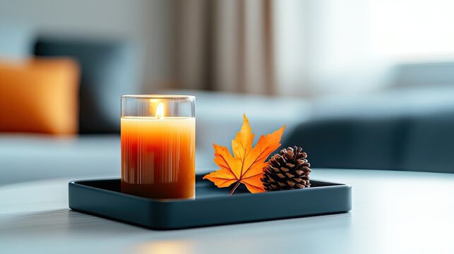 Autumnal Ambiance: Glowing Candle, Maple Leaf, and Pinecone on Modern Tray