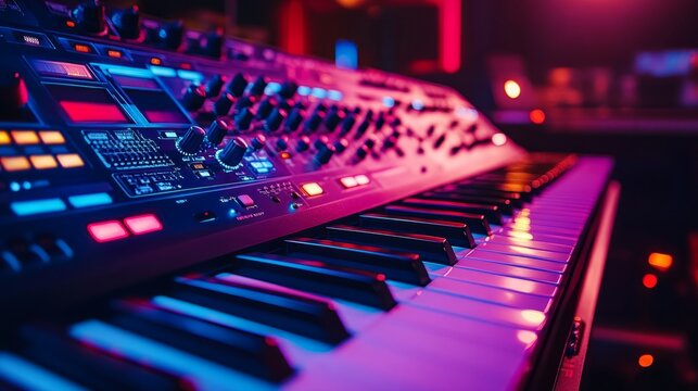 Brightly lit synthesizer keyboard shines in a vibrant studio during a late-night music session - Powered by Adobe