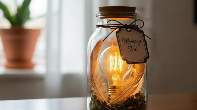 Memory Kit in Jar &mdash; Lightbulb, Feather, Leaves as Poetic Keepsakes