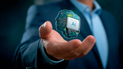 A businessman holding an AI chip with glowing connections and icons representing artificial intelligence.