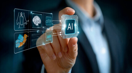 A businessman holding an AI chip with glowing connections and icons representing artificial intelligence.