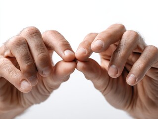 Close up of two hands gently grasping fingers interlocked showing detail of skin texture and nails