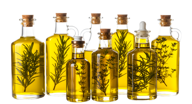 A collection of glass bottles filled with infused oil, showcasing vibrant herbs, set against a clean white background