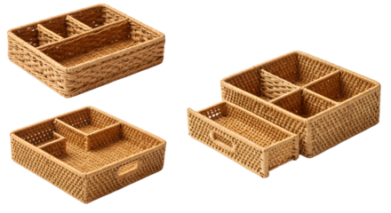 A collection of woven storage baskets in various shapes and sizes, ideal for organizing spaces in a home setting