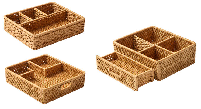 A collection of woven storage baskets in various shapes and sizes, ideal for organizing spaces in a home setting