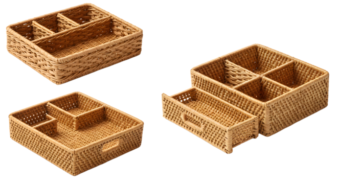 A collection of woven storage baskets in various shapes and sizes, ideal for organizing spaces in a home setting