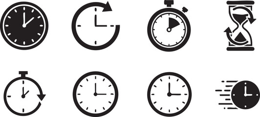 Time and Clock Icon Set Featuring Analog Clocks, Stopwatches, Hourglass, and Arrow Symbols for Scheduling and Productivity